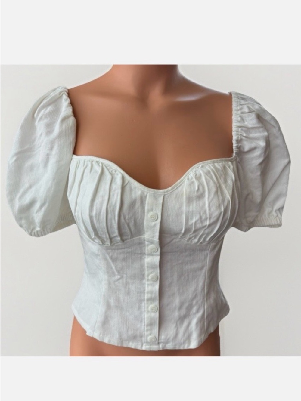& Other Stories Cream Puff-Sleeve Button Crop Top 6